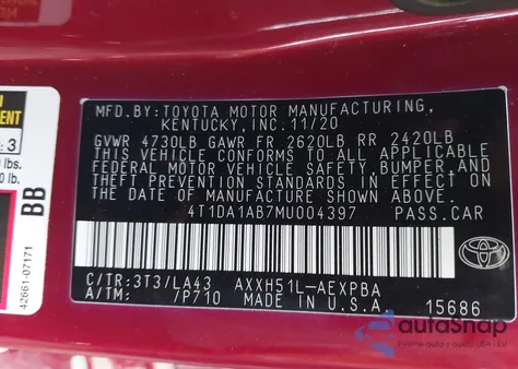 2021 Toyota Avalon Limited Hybrid из США, поврежденный, VIN 4T1DA1AB7MU004397